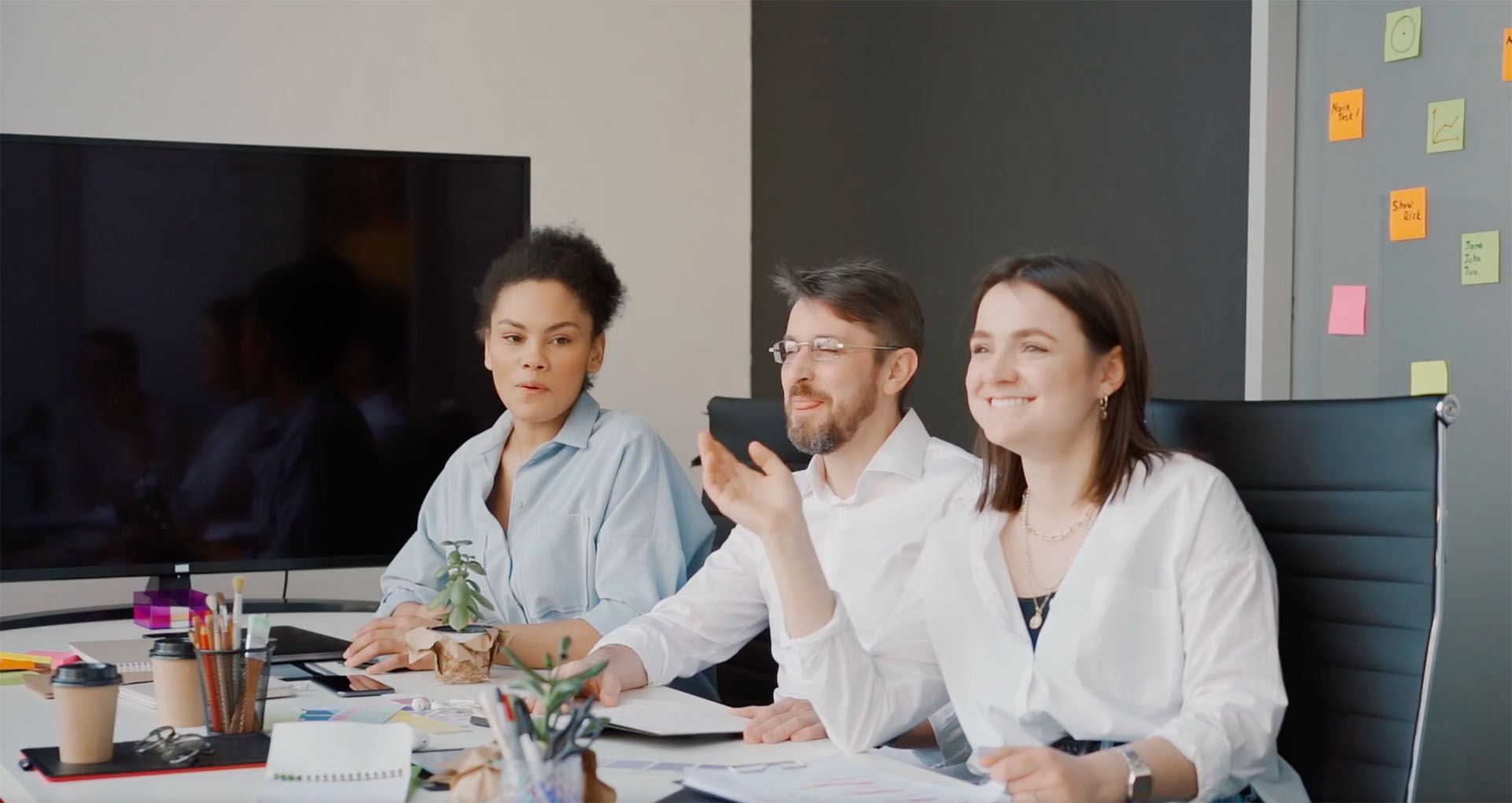 Happy coworkers in a meeting